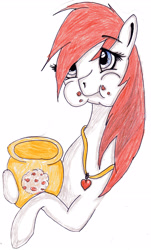 Size: 2065x3411 | Tagged: safe, artist:beamybutt, oc, oc only, earth pony, pony, cookie, cookie jar, earth pony oc, eating, female, food, high res, jewelry, mare, necklace, puffy cheeks, simple background, solo, traditional art, white background