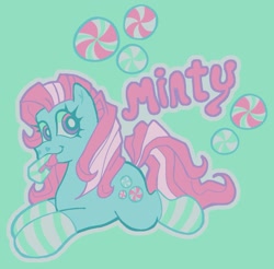 Size: 1303x1281 | Tagged: safe, artist:mewnikitty, minty, earth pony, pony, g3, :p, candy, candy cane, clothes, filter, food, lying down, simple background, socks, striped socks, text, tongue out