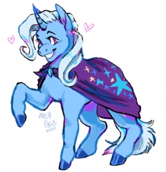 Size: 1967x2048 | Tagged: safe, artist:moshpaws, trixie, pony, unicorn, g4, cape, clothes, colored hooves, heart, signature, simple background, solo