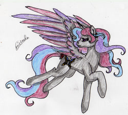 Size: 1666x1501 | Tagged: safe, artist:beamybutt, oc, oc only, alicorn, pony, alicorn oc, horn, looking back, signature, simple background, traditional art, white background, wings