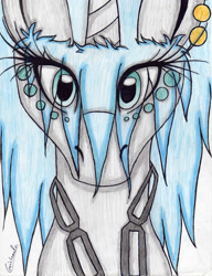 Size: 2488x3246 | Tagged: safe, artist:beamybutt, oc, oc only, oc:moonbeam, pony, unicorn, bust, chains, ear piercing, eyelashes, high res, horn, piercing, signature, simple background, solo, traditional art, unicorn oc, white background