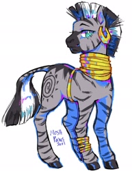 Size: 1579x2048 | Tagged: safe, artist:moshpaws, zecora, pony, zebra, g4, bracelet, ear piercing, earring, jewelry, markings, piercing, signature, simple background, solo