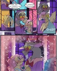 Size: 540x676 | Tagged: safe, artist:cocolove2176, discord, fluttershy, draconequus, pegasus, pony, comic:fluttering chaos, g4, blushing, clothes, comic, dancing, dialogue, dress, eyes closed, female, gala dress, hug, male, mare, ship:discoshy, shipping, straight, wings