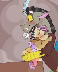 Size: 540x676 | Tagged: safe, artist:cocolove2176, oc, oc:coraliss rose, draconequus, hybrid, pony, blushing, draconequus oc, eyes closed, father and child, father and daughter, female, interspecies offspring, male, offspring, parent:discord, parent:fluttershy, parents:discoshy, wings