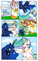 Size: 638x1007 | Tagged: safe, artist:therainbowtroll, princess celestia, princess luna, scootaloo, alicorn, bird, chicken, pegasus, pony, g4, animal costume, annoyed, cake, cakelestia, cannon, chicken suit, clothes, comic, costume, cross-popping veins, crown, food, fuse, jewelry, nudity, pony cannonball, regalia, scootachicken, silly, silly pony, simplistic cloaca, that princess sure is afraid of chickens, to the moon