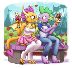 Size: 2500x2350 | Tagged: safe, artist:king-kakapo, smolder, spike, dragon, anthro, digitigrade anthro, g4, bench, blushing, boop, breasts, busty smolder, cleavage, clothes, commission, cute, dragoness, duo, female, ferris wheel, floating heart, food, heart, high res, ice cream, ice cream cone, jeans, lizard breasts, male, midriff, noseboop, pants, ship:spolder, shipping, shirt, sitting, skirt, smolderbetes, spikabetes, stockings, straight, t-shirt, tank top, thigh highs, toeless stockings