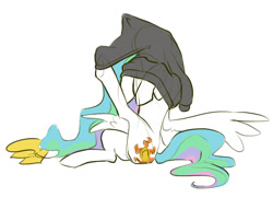 Size: 1228x886 | Tagged: safe, artist:nadnerbd, princess celestia, alicorn, pony, clothes, cute, cutelestia, female, hoodie, majestic as fuck, mare, sillestia, silly, silly pony, simple background, sitting, sketch, solo, spread wings, stuck, tangled up, underhoof, undressing, wardrobe malfunction, white background, wings