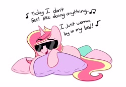 Size: 3735x2592 | Tagged: safe, artist:kittyrosie, oc, oc only, oc:rosa flame, pony, unicorn, bruno mars, cute, high res, horn, ocbetes, open mouth, pillow, simple background, solo, song reference, sunglasses, unicorn oc, white background