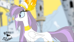 Size: 1920x1080 | Tagged: safe, artist:shawn keller, oc, oc only, oc:athena (shawn keller), pegasus, pony, guardians of pondonia, concave belly, cute, female, jewelry, logo, mare, margarita paranormal, regalia, side view, slender, solo, thin