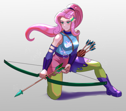 Size: 800x700 | Tagged: safe, artist:tzc, fluttershy, human, equestria girls, g4, my little pony equestria girls: friendship games, alternate hairstyle, archer, arrow, badass, boots, bow (weapon), clothes, female, flutterbadass, friendship games outfit, humanized, pants, quiver, shoes, solo