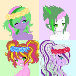 Size: 1920x1920 | Tagged: safe, artist:ocean-drop, oc, oc only, oc:cherry chunga, oc:creme de la creme, oc:gem stone, oc:sapphire shine, dracony, hybrid, equestria girls, g4, base used, elf ears, female, floral head wreath, flower, freckles, interspecies offspring, offspring, parent:cheese sandwich, parent:pinkie pie, parent:rarity, parent:spike, parent:timber spruce, parent:twilight sparkle, parents:cheesepie, parents:sparity, parents:timbertwi, smiling