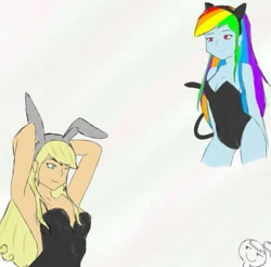 Size: 537x528 | Tagged: artist needed, source needed, safe, applejack, rainbow dash, equestria girls, g4, bare shoulders, bunny ears, bunny suit, cat costume, cat ears, cat tail, catgirl, clothes, costume, female, latex, leotard, lesbian, ship:appledash, shipping, sleeveless, strapless