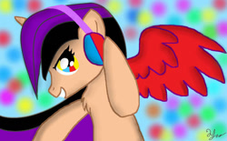 Size: 1250x776 | Tagged: safe, artist:mudmee-thai, oc, oc only, alicorn, pony, alicorn oc, base used, bust, female, headphones, horn, mare, open mouth, signature, solo, wings