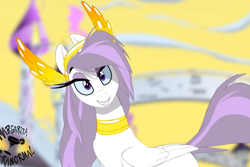 Size: 1012x676 | Tagged: safe, artist:shawn keller, oc, oc only, oc:athena (shawn keller), pegasus, pony, guardians of pondonia, cute, female, guardian of the three kingdoms, jewelry, lidded eyes, looking at you, mare, pegasus oc, slender, smiling, solo, thin, youtube link