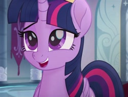 Size: 640x487 | Tagged: safe, screencap, twilight sparkle, alicorn, pony, g4, my little pony: the movie, canterlot throne room, cropped, crown, folded wings, happy, jewelry, lidded eyes, looking up, regalia, smiling, solo, twilight sparkle (alicorn), wings