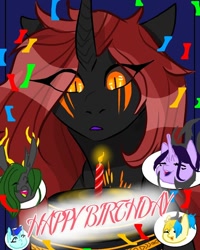Size: 768x960 | Tagged: safe, artist:_goddesskatie_, oc, oc only, changeling, changeling queen, bust, cake, candle, changeling queen oc, confetti, eye clipping through hair, eyes closed, food, green changeling, happy birthday, open mouth, surprised