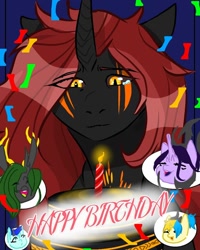 Size: 768x960 | Tagged: safe, alternate version, artist:_goddesskatie_, oc, oc only, changeling queen, bust, cake, candle, changeling queen oc, confetti, eye clipping through hair, eyes closed, food, green changeling, happy birthday, open mouth