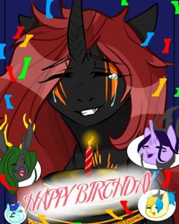 Size: 768x960 | Tagged: safe, alternate version, artist:_goddesskatie_, oc, oc only, changeling, changeling queen, bust, cake, candle, changeling queen oc, confetti, crying, eye clipping through hair, eyes closed, food, green changeling, grin, happy birthday, open mouth, smiling, tears of joy