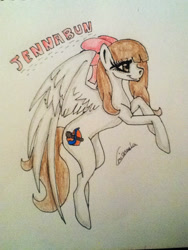 Size: 720x960 | Tagged: safe, artist:beamybutt, oc, oc only, pegasus, pony, bow, eyelashes, female, hair bow, mare, pegasus oc, rearing, signature, solo, traditional art