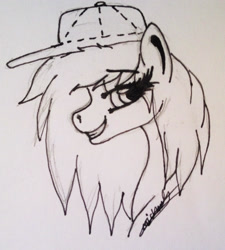 Size: 2034x2264 | Tagged: safe, artist:beamybutt, oc, oc only, earth pony, pony, bust, earth pony oc, eyelashes, grin, hat, high res, signature, smiling, solo, traditional art
