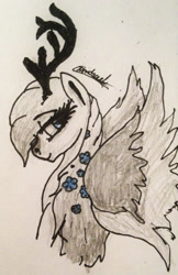 Size: 1758x2716 | Tagged: safe, artist:beamybutt, oc, oc only, deer, deer pony, original species, pony, antlers, bust, eyelashes, signature, solo, traditional art