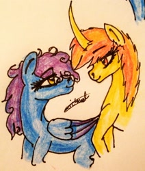 Size: 2145x2533 | Tagged: safe, artist:beamybutt, oc, oc only, pegasus, pony, unicorn, bust, duo, eyelashes, female, high res, horn, looking at each other, looking back, mare, pegasus oc, signature, traditional art, unicorn oc, wings