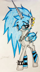 Size: 1714x3087 | Tagged: safe, artist:beamybutt, oc, oc only, oc:moonbeam, alicorn, pony, alicorn oc, bust, choker, eyelashes, female, horn, leg warmers, mare, signature, solo, spiked choker, traditional art, two toned wings, wings