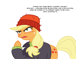 Size: 1300x1008 | Tagged: safe, artist:velgarn, applejack, earth pony, pony, g4, ppov, applejack is best facemaker, captain jackbeard, clothes, cutie mark, dark, female, hat, jacket, jaws, mare, quint, quote, simple background, solo, sweater, white background