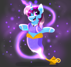 Size: 1275x1200 | Tagged: safe, artist:julie25609, oc, oc only, oc:parcly taxel, genie, genie pony, pony, unicorn, albumin flask, bracelet, clothes, collar, commission, ear piercing, earring, female, floating, jewelry, lamp, looking at you, magic lamp, mare, piercing, smiling, solo, sparkles, vest, wingless
