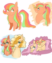 Size: 2500x3000 | Tagged: safe, artist:honeymantis, fluttershy, oc, oc:golden gala, oc:summer, bat, earth pony, fruit bat, pegasus, pony, g4, female, filly, fluttermom, hair over one eye, high res, magical lesbian spawn, mare, missing cutie mark, offspring, parent:big macintosh, parent:fluttershy, parent:rarity, parents:flarity, parents:fluttermac, siblings, simple background, sisters, sleeping, white background