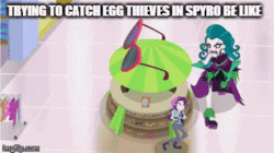 Size: 360x201 | Tagged: safe, edit, edited screencap, screencap, juniper montage, starlight glimmer, equestria girls, equestria girls specials, g4, my little pony equestria girls: mirror magic, animated, caption, chase, clothes, duo, duo female, egg thieves, female, gif, image macro, imgflip, interpretation, juniper monstar, loop, meme, pants, ripped pants, speed up, spyro the dragon (series), text, torn clothes