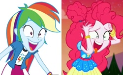 Size: 1024x626 | Tagged: safe, edit, edited screencap, screencap, pinkie pie, rainbow dash, equestria girls, equestria girls specials, g4, my little pony equestria girls: better together, my little pony equestria girls: movie magic, my little pony equestria girls: sunset's backstage pass, excited, open mouth, pinkie pie is best facemaker, rainbow dash is best facemaker, tongue out