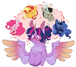 Size: 1330x1182 | Tagged: safe, artist:jesterfestivle, discord, pinkie pie, princess luna, sunset shimmer, twilight sparkle, alicorn, draconequus, earth pony, pony, unicorn, g4, alternate hairstyle, bisexual, blushing, chest fluff, female, hair bun, hooves to the chest, lesbian, male, ship:discolight, ship:sunsetsparkle, ship:twiluna, ship:twinkie, shipping, spread wings, straight, thought bubble, twilight sparkle (alicorn), wingboner, wings