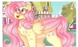 Size: 1390x834 | Tagged: safe, artist:jesterfestivle, fluttershy, pegasus, pony, g4, blushing, chest fluff, colored wings, colored wingtips, cute, eye clipping through hair, female, mare, ponyville, shyabetes, solo