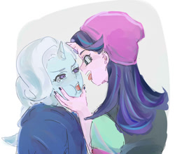 Size: 1024x900 | Tagged: safe, artist:misochikin, starlight glimmer, trixie, human, equestria girls, g4, beanie, cheek squish, female, hand on face, hat, horn, looking at each other, open mouth, squishy cheeks, teary eyes