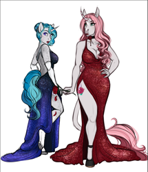 Size: 713x830 | Tagged: safe, artist:askbubblelee, oc, oc only, oc:bubble lee, oc:rosie quartz, unicorn, anthro, unguligrade anthro, alternate universe, anthro oc, big breasts, breasts, cleavage, clothes, digital art, dress, duo, eyeshadow, female, flower, horn, lipstick, makeup, mare, rose, side slit, simple background, total sideslit, unicorn oc, white background, willowverse