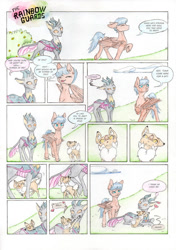Size: 800x1134 | Tagged: safe, artist:cindertale, oc, oc only, oc:cinder, changedling, changeling, deer, pegasus, pony, changedling oc, changeling oc, cheek squish, chest fluff, comic, cute, deer oc, dialogue, eyes closed, heart, looking back, lying down, male, outdoors, pegasus oc, prone, squishy cheeks, traditional art, wings