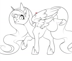 Size: 1080x915 | Tagged: safe, artist:tessa_key_, princess luna, alicorn, pony, g4, ear fluff, eyelashes, female, hoof shoes, horn, jewelry, lineart, mare, missing accessory, monochrome, raised hoof, signature, simple background, solo, tiara, white background, wings