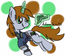 Size: 747x655 | Tagged: safe, artist:pegasski, oc, oc only, oc:littlepip, pony, unicorn, fallout equestria, g4, abstract background, clothes, eyes open, female, glowing horn, green eyes, horn, jumpsuit, magic, mare, solo, telekinesis, vault suit