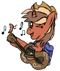 Size: 433x516 | Tagged: safe, artist:pegasski, oc, oc only, pony, unicorn, g4, backpack, bust, female, guitar, hat, horn, mare, musical instrument, one eye closed, simple background, solo, transparent background, unicorn oc, wink