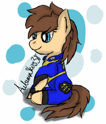 Size: 612x716 | Tagged: safe, artist:pegasski, oc, oc only, earth pony, pony, fallout equestria, g4, abstract background, clothes, earth pony oc, eyelashes, female, jumpsuit, mare, sitting, smiling, solo, vault suit