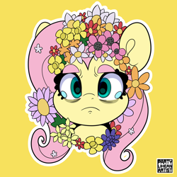 Size: 4000x4000 | Tagged: safe, artist:partypievt, fluttershy, pegasus, pony, g4, absurd resolution, bags under eyes, bust, crossover, crying, eyebrows, female, floral head wreath, flower, front view, full face view, horror, looking at you, mare, midsommar, outline, parody, simple background, solo, teary eyes, white outline, yellow background