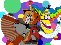 Size: 564x423 | Tagged: artist needed, safe, cheese sandwich, earth pony, pony, robot, g4, accordion, crossover, dr screwball jones, male, musical instrument, stallion, transformers, voice actor joke, voice actor reference, wander over yonder, weird al yankovic, wreck-gar