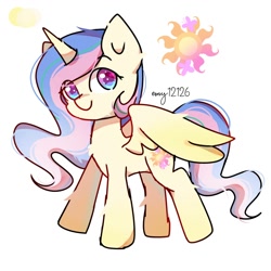 Size: 2000x2000 | Tagged: safe, artist:emy12126, fluttershy, princess celestia, rarity, alicorn, pony, g4, cute, cutie mark, female, fusion, high res, horn, simple background, solo, wings