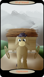 Size: 1500x2591 | Tagged: safe, artist:sixes&sevens, part of a set, cranky doodle donkey, donkey, g4, cart, frown, male, minor arcana, mountain, mountain range, outdoors, solo, stick, tarot card, ten of wands