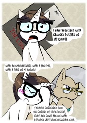 Size: 500x707 | Tagged: safe, artist:owlor, mayor mare, raven, earth pony, pony, unicorn, from the desk of mayor mare, g4, blushing, facehoof, female, glasses, mare, speech bubble