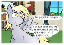 Size: 500x347 | Tagged: safe, artist:owlor, derpy hooves, pegasus, pony, from the desk of mayor mare, g4, book, bookshelf, female, hope poster, implied racism, mare, shepard fairey, sitting, solo, window