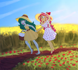 Size: 1175x1050 | Tagged: safe, artist:carnifex, sunset shimmer, wallflower blush, equestria girls, bare shoulders, basket, bow, clothes, cute, dress, duo, feet, female, flats, flip-flops, flower, flowerbetes, freckles, hat, holding hands, legs, lesbian, looking at each other, off shoulder, polka dots, sandals, scenery, scenery porn, shimmerbetes, shipping, shoes, sleeveless, smiling, smiling at each other, strapless, sun hat, sundress, sunflower, wallset, when she smiles