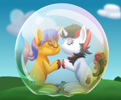 Size: 2366x1949 | Tagged: safe, artist:bladedragoon7575, oc, oc only, oc:eden double stars, oc:zendra flame, pony, unicorn, bubble, cute, duo, eyes closed, female, floating, glasses, high res, implied kissing, in bubble, male, mare, ocbetes, stallion, straight