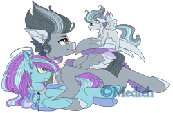 Size: 2698x1775 | Tagged: safe, artist:mediasmile666, oc, oc only, pegasus, pony, colt, deviantart watermark, female, floppy ears, male, mare, obtrusive watermark, simple background, stallion, transparent background, trio, two toned wings, watermark, wings